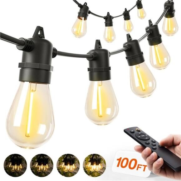 100FT LED Outdoor String Lights, Remote Dimmable Patio Lights with Timer - Picture 1 of 7